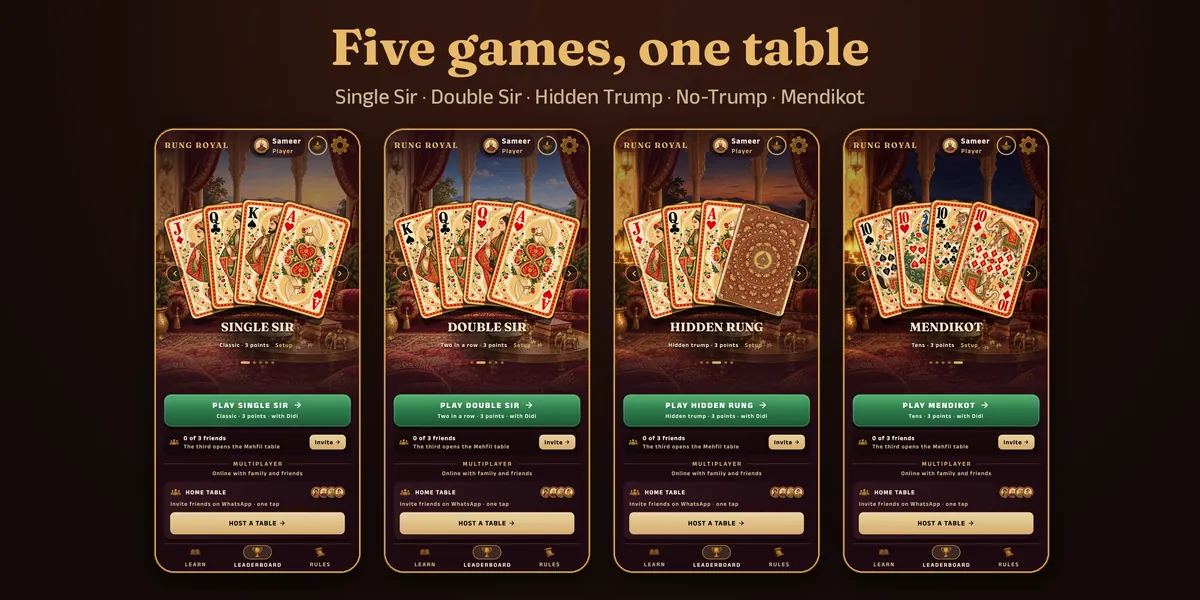 Five games at one table: Single Sir, Double Sir, Hidden Rung and Mendikot in the lobby