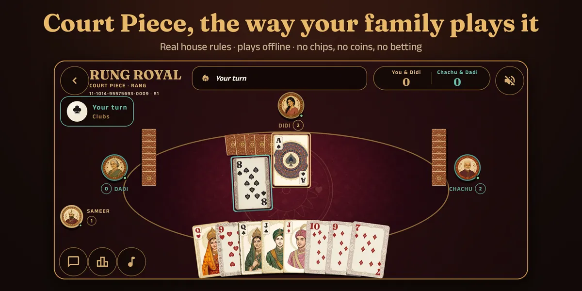 A Court Piece hand at the Rung Royal table, the full thirteen-card fan below