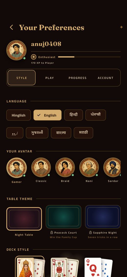 Choosing language, avatar and deck style in eight Indian languages