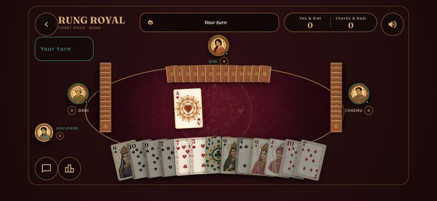 A Court Piece hand mid-trick with the full thirteen-card fan