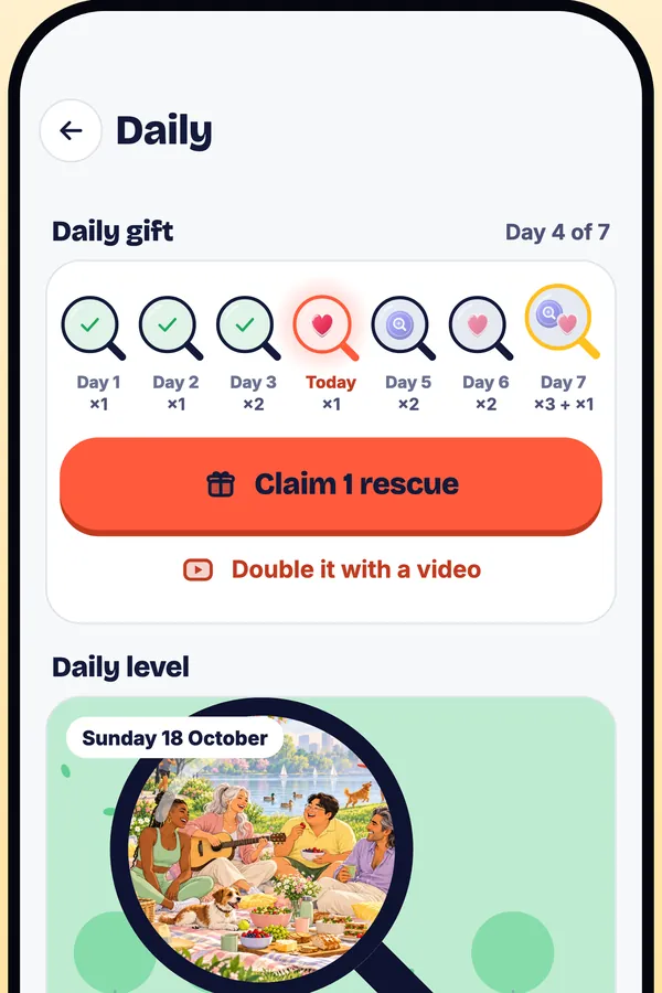 The Daily screen in Look Twice: the gift calendar and today's level under the lens