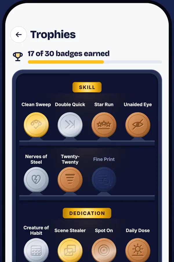 The Trophies screen: 17 of 30 badges earned, with gold, silver and bronze medals