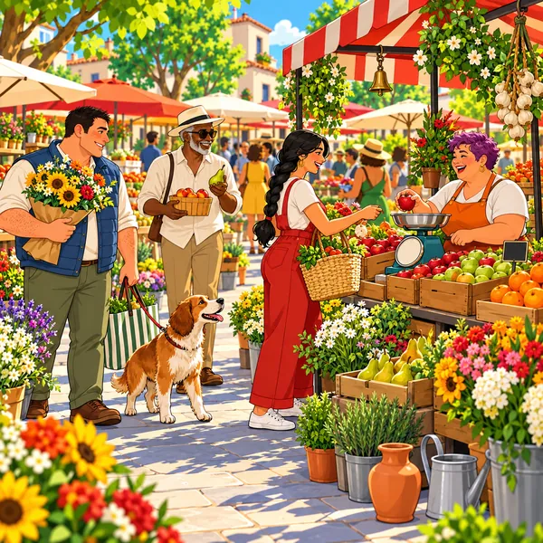 A sunny street market with fruit stalls, flowers and shoppers