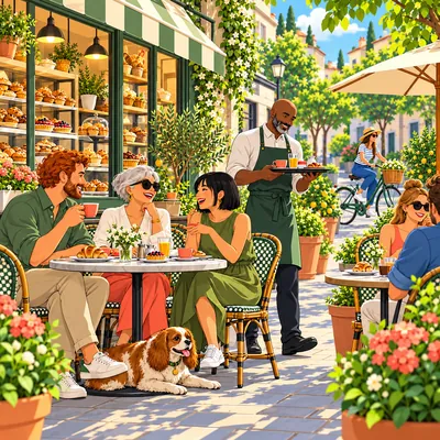A café terrace on a sunny street