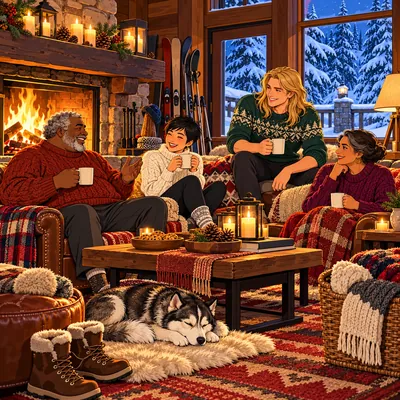 Friends by the fire in a snowy cabin