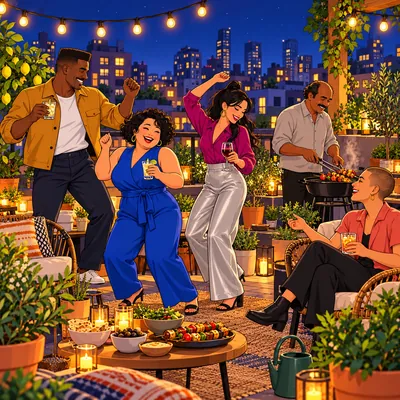 A rooftop party under string lights at night
