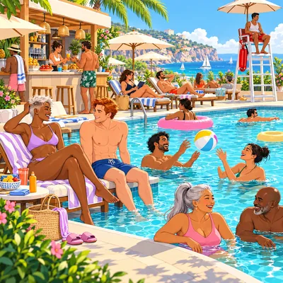 A pool by the sea with sunbathers and a lifeguard