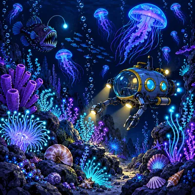 Glowing jellyfish and a small submarine in the deep sea
