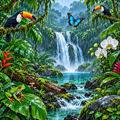 A jungle waterfall with toucans and a butterfly